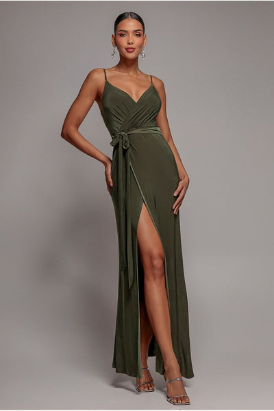 Wrap Front Maxi Slip Dress With Waist Tie-Up - Olive Green by City Goddess
