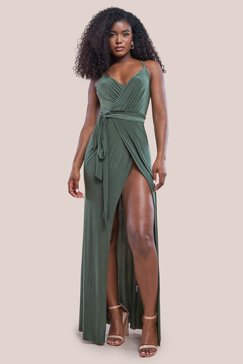 Wrap Front Maxi Slip Dress With Waist Tie Up Olive Green Goddiva