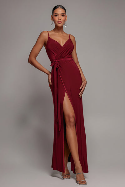 Wine - Wrap Front Maxi Slip Dress With Waist Tie-Up - Wine by Goddiva