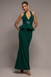 Peplum Halter Neck Maxi Dress With Diamante Buckle - Emerald Green by Goddiva