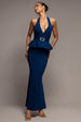 Peplum Halter Neck Maxi Dress With Diamante Buckle - Navy Blue by Goddiva