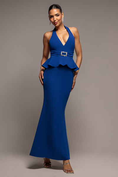 Royal Blue - Peplum Halter Neck Maxi Dress With Diamante Buckle - Royal Blue by Goddiva