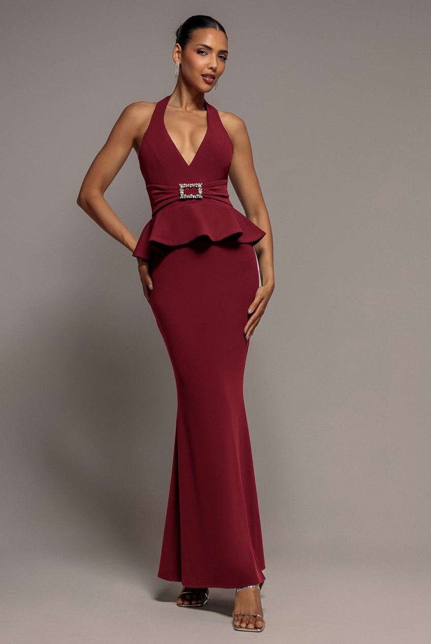 Peplum Halter Neck Maxi Dress With Diamante Buckle - Wine DR2345