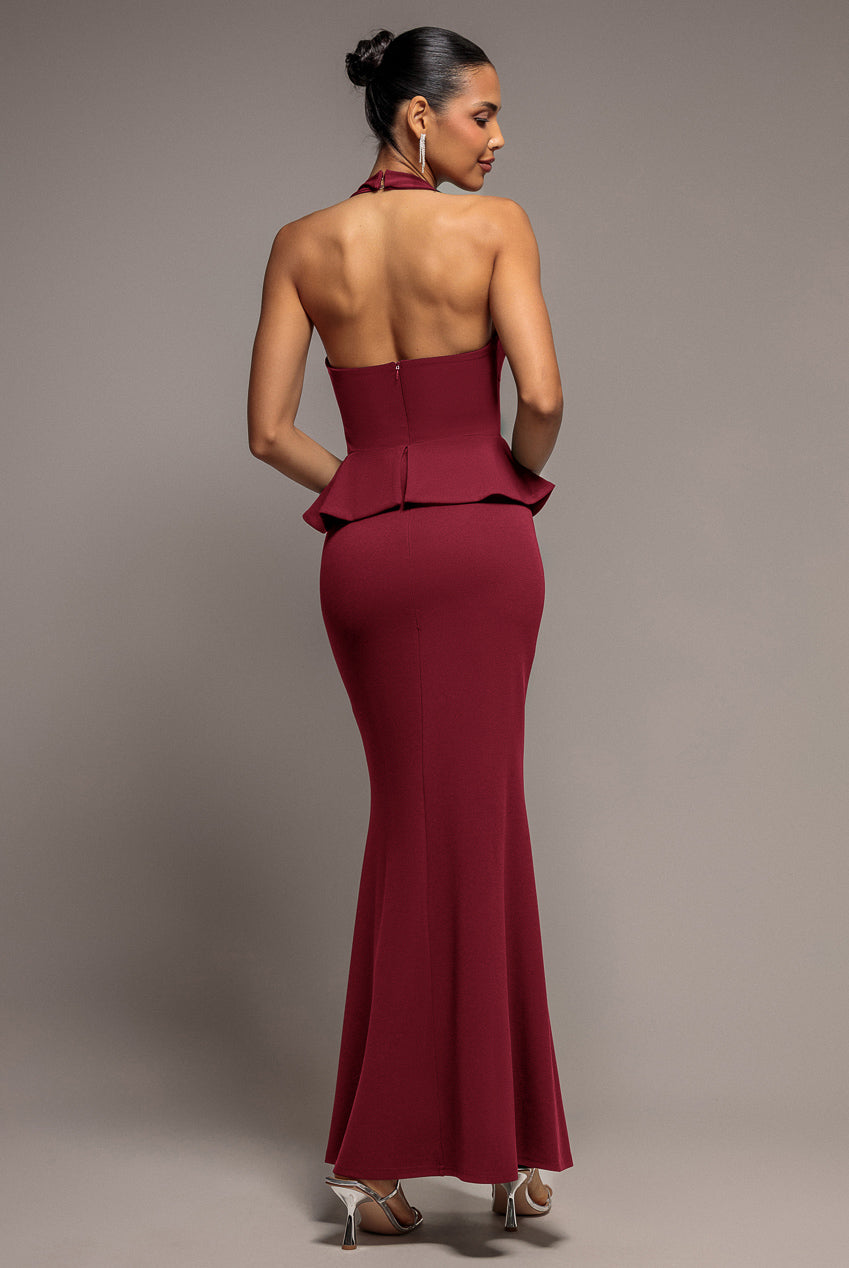 Peplum Halter Neck Maxi Dress With Diamante Buckle - Wine DR2345