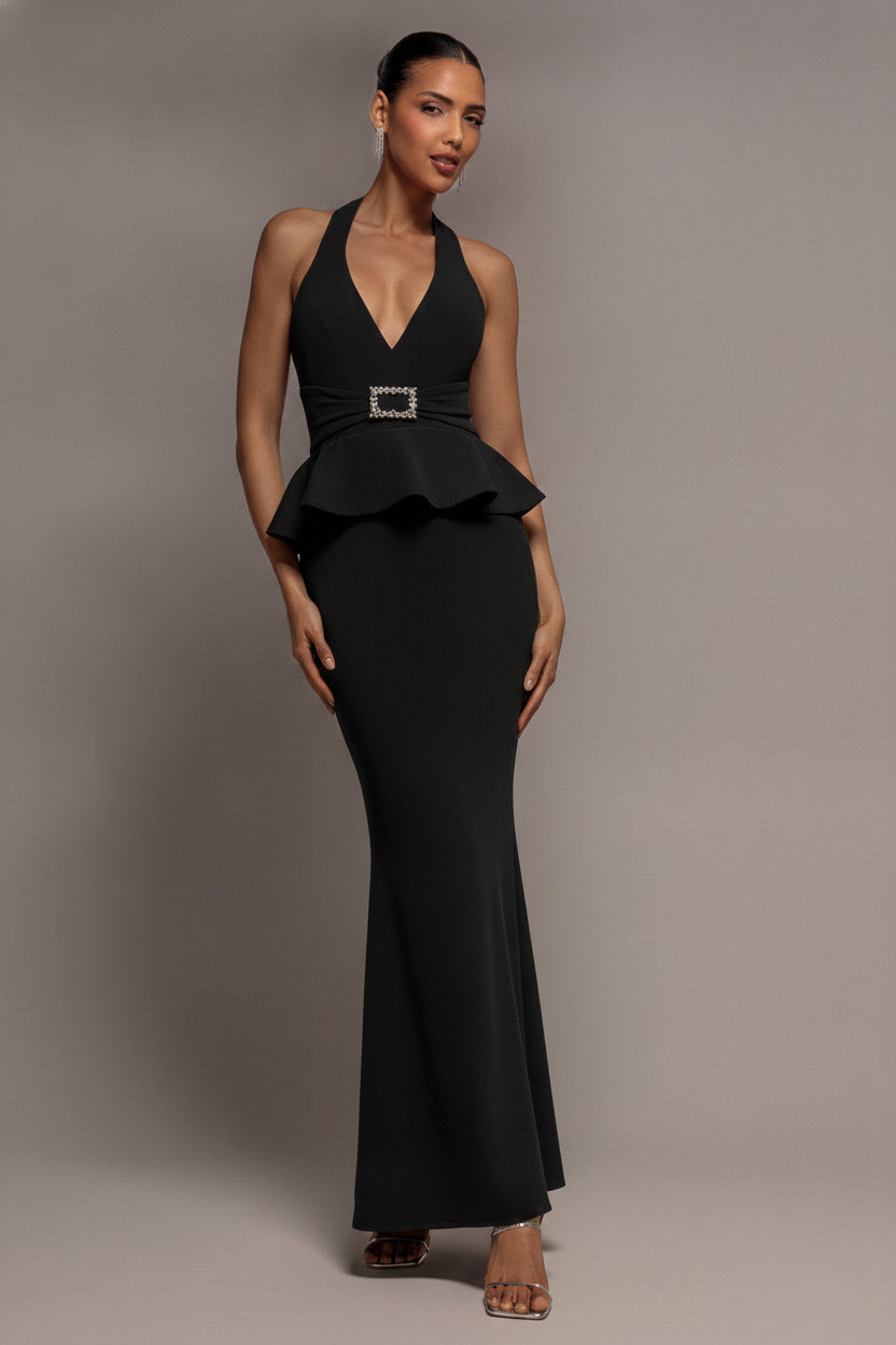 Peplum Halter Neck Maxi Dress With Diamante Buckle - Black DR2345