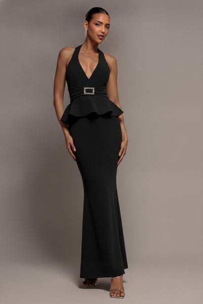 Black - Peplum Halter Neck Maxi Dress With Diamante Buckle - Black by Goddiva
