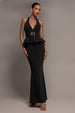 Peplum Halter Neck Maxi Dress With Diamante Buckle - Black by Goddiva