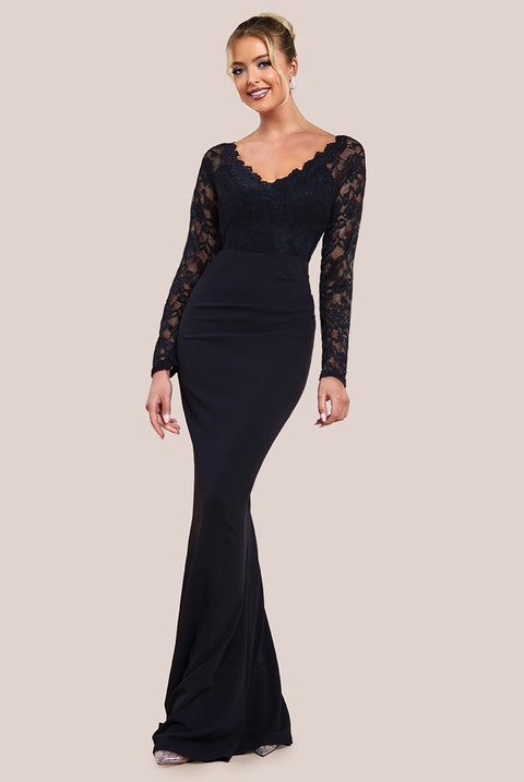 Scalloped Lace & Scuba Maxi Dress - Black DR2449C