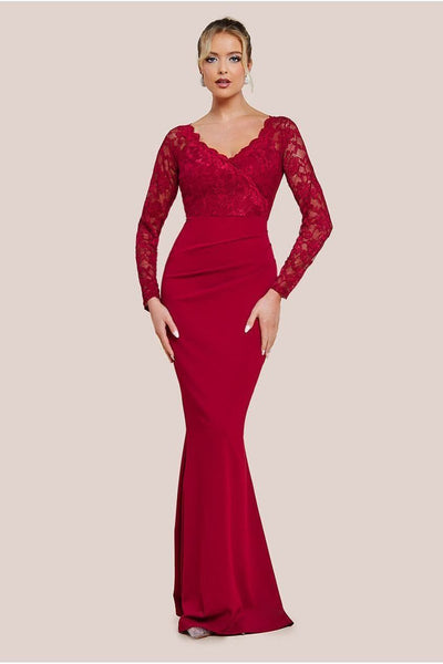 Wine - Scalloped Lace & Scuba Maxi Dress - Wine by Goddiva