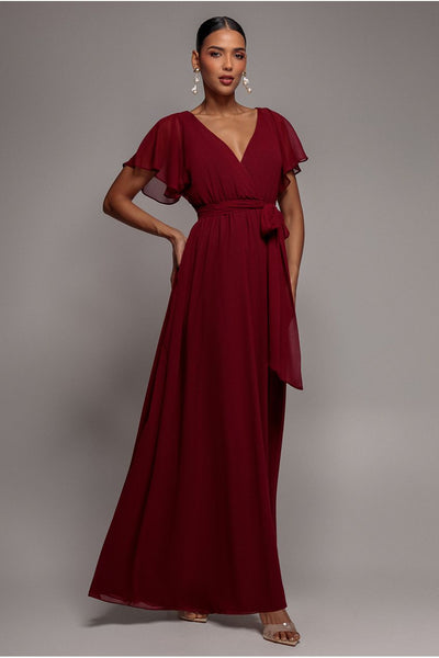 Sustainable Chiffon Flutter Sleeve Wrap Maxi Dress - Berry by Goddiva