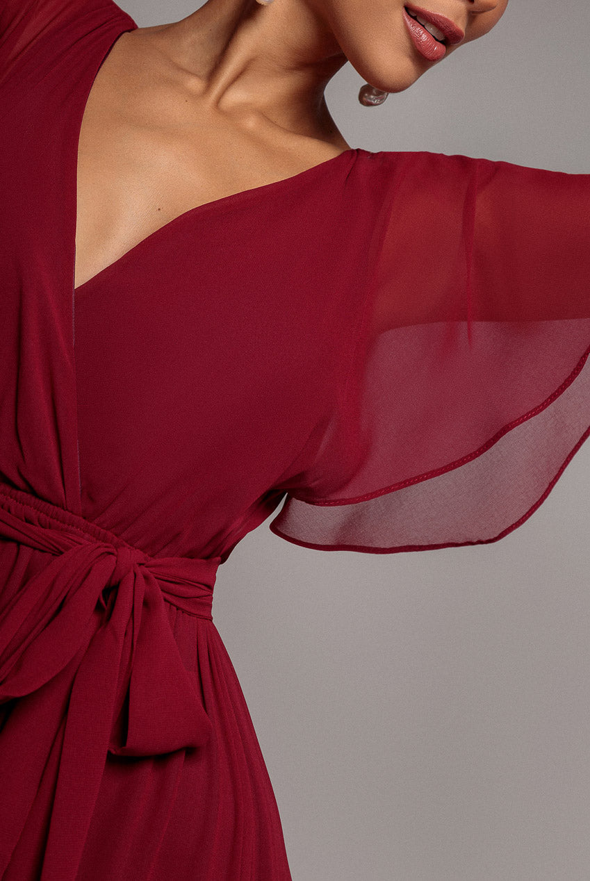 Sustainable Chiffon Flutter Sleeve Wrap Maxi Dress - Berry DR2486BBS