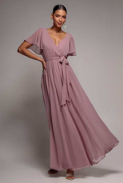 Dusk - Chiffon Flutter Sleeve Wrap Maxi Dress - Dusk by Goddiva