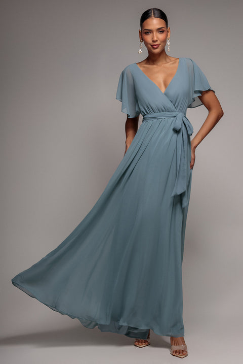Sustainable Chiffon Flutter Sleeve Wrap Maxi Dress - Sagegreen by Goddiva