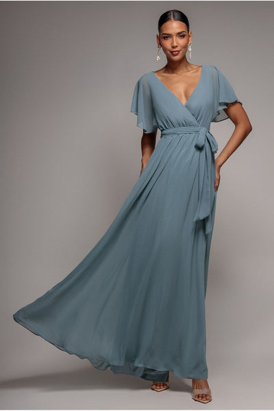 Chiffon Flutter Sleeve Wrap Maxi Dress - Dusty Blue by Goddiva