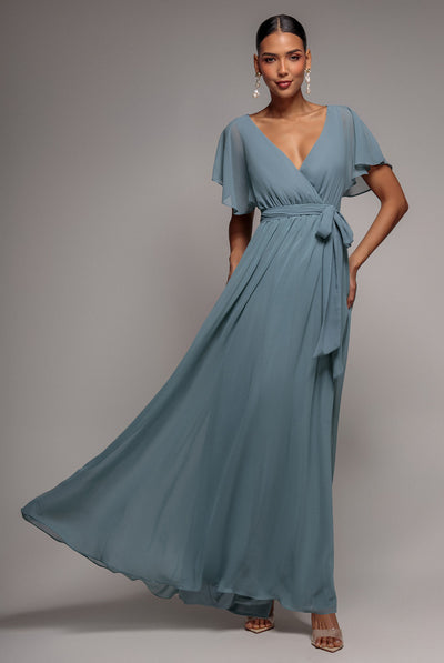 Chiffon Flutter Sleeve Wrap Maxi Dress - Dusty Blue by Goddiva