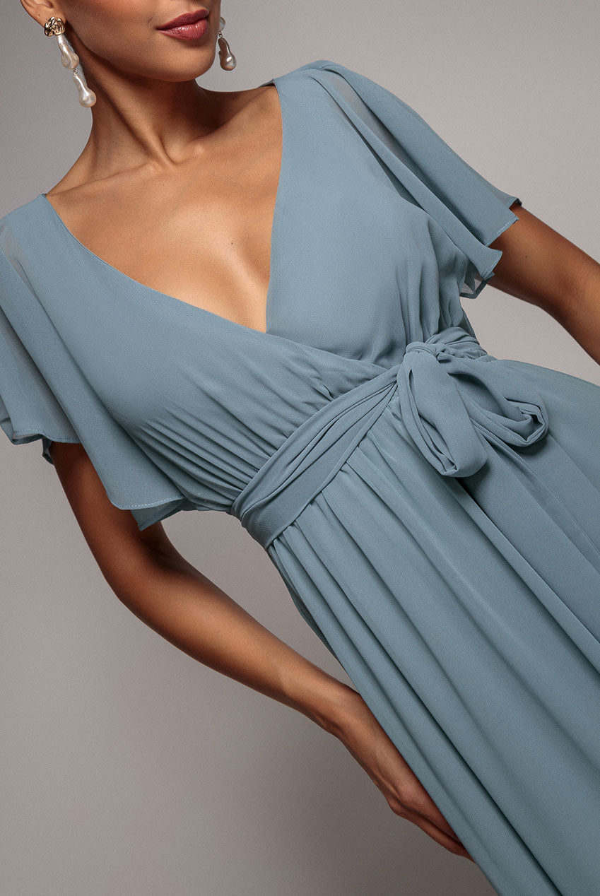 Chiffon Flutter Sleeve Wrap Maxi Dress - Dusty Blue DR2486