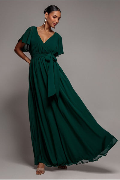 Sustainable Chiffon Flutter Sleeve Wrap Maxi Dress - Green by Goddiva