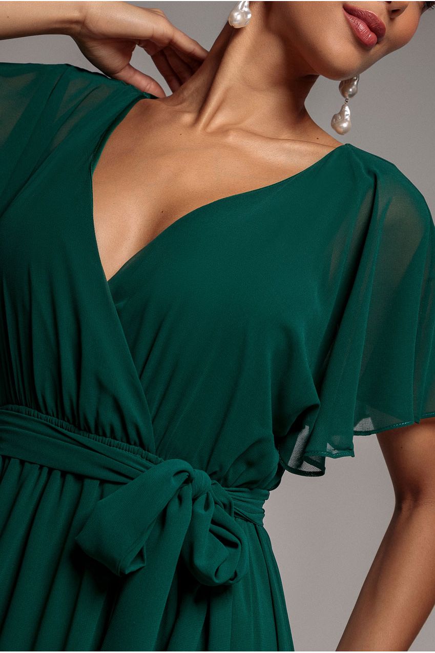 Sustainable Chiffon Flutter Sleeve Wrap Maxi Dress - Green | Goddiva Sustainable Chiffon Flutter Sleeve Wrap Maxi Dress - Green | Goddiva