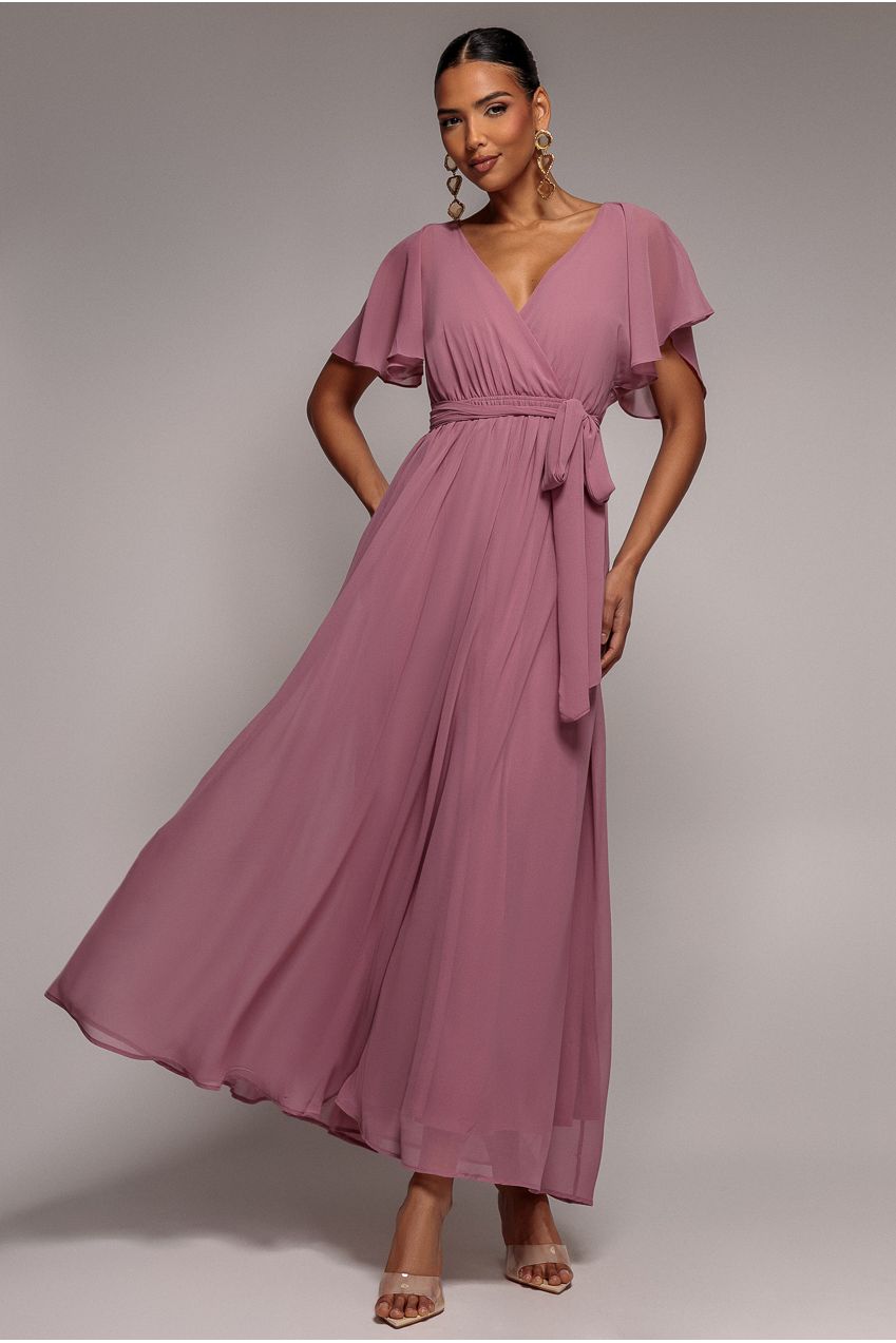 Sustainable Chiffon Flutter Sleeve Wrap Maxi Dress - Lavender DR2486BBS