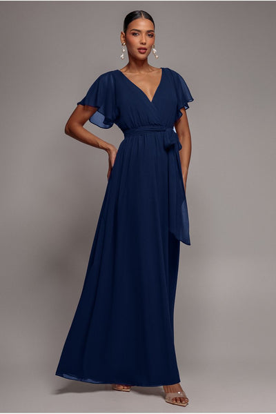 Sustainable Chiffon Flutter Sleeve Wrap Maxi Dress - Navy by Goddiva