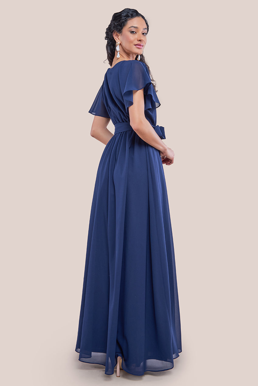 Sustainable Chiffon Flutter Sleeve Wrap Maxi Dress - Navy DR2486BBS