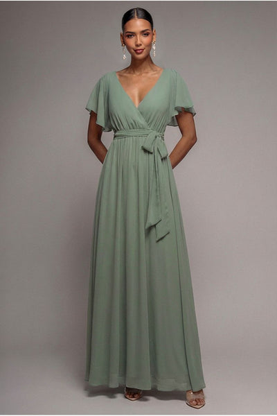 Sustainable Chiffon Flutter Sleeve Wrap Maxi Dress - Sagegreen by Goddiva