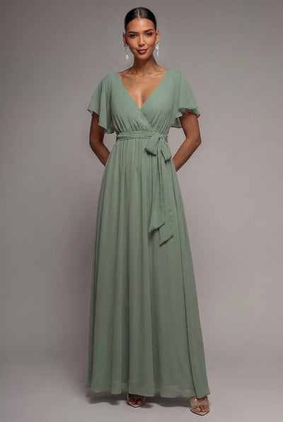 Sustainable Chiffon Flutter Sleeve Wrap Maxi Dress - Green | Goddiva Sustainable Chiffon Flutter Sleeve Wrap Maxi Dress - Green | Goddiva