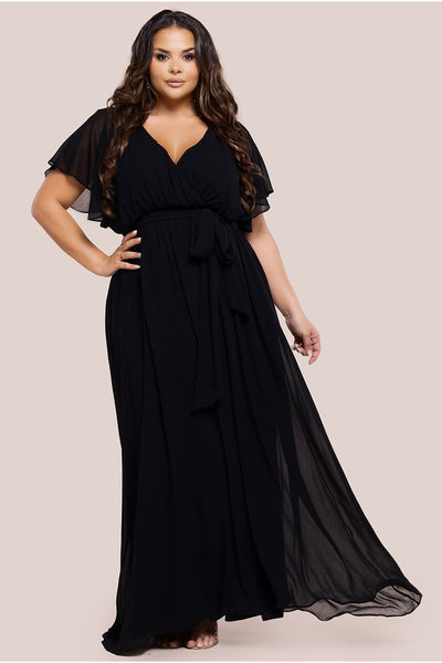 Black - Goddiva Plus Flutter Sleeve Wrap Maxi Dress - Black
