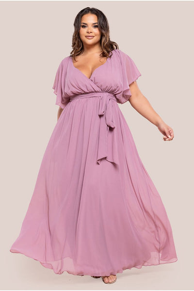 Lavender - Goddiva Plus Flutter Sleeve Wrap Maxi Dress - Lavender