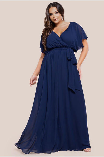 Navy - Goddiva Plus Flutter Sleeve Wrap Maxi Dress - Navy Blue