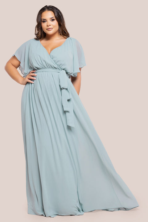 Goddiva Plus Flutter Sleeve Wrap Maxi Dress - Sage Green