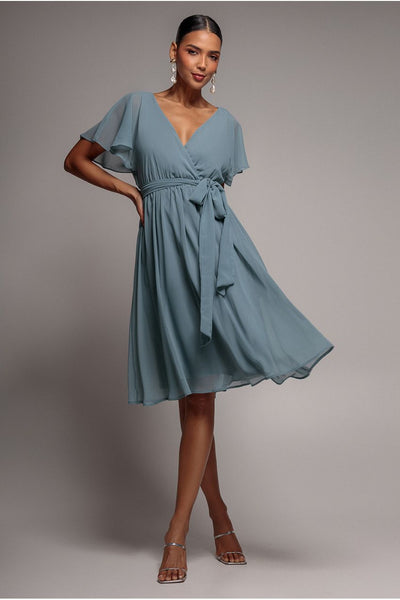 Chiffon Flutter Sleeve Wrap Midi Dress - Airforce Blue by Goddiva