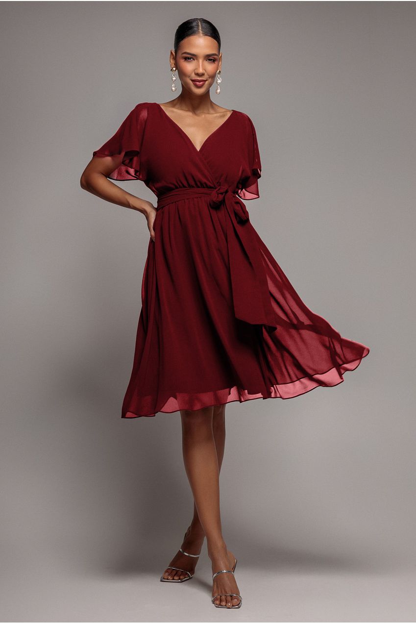 Chiffon Flutter Sleeve Wrap Midi Dress - Berry DR2555B
