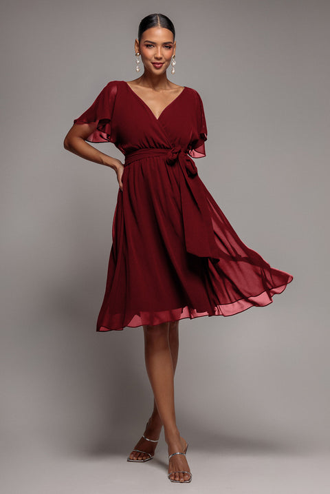 Chiffon Flutter Sleeve Wrap Midi Dress - Berry by Goddiva