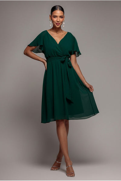 Chiffon Flutter Sleeve Wrap Midi Dress - Dark Green by Goddiva