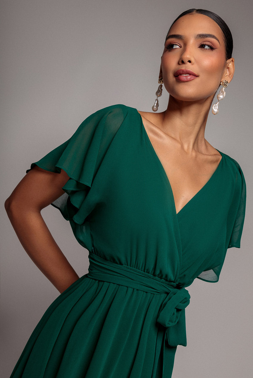 Sustainable Flutter Sleeve Chiffon Wrap Midi Dress - Green DR2555BBS