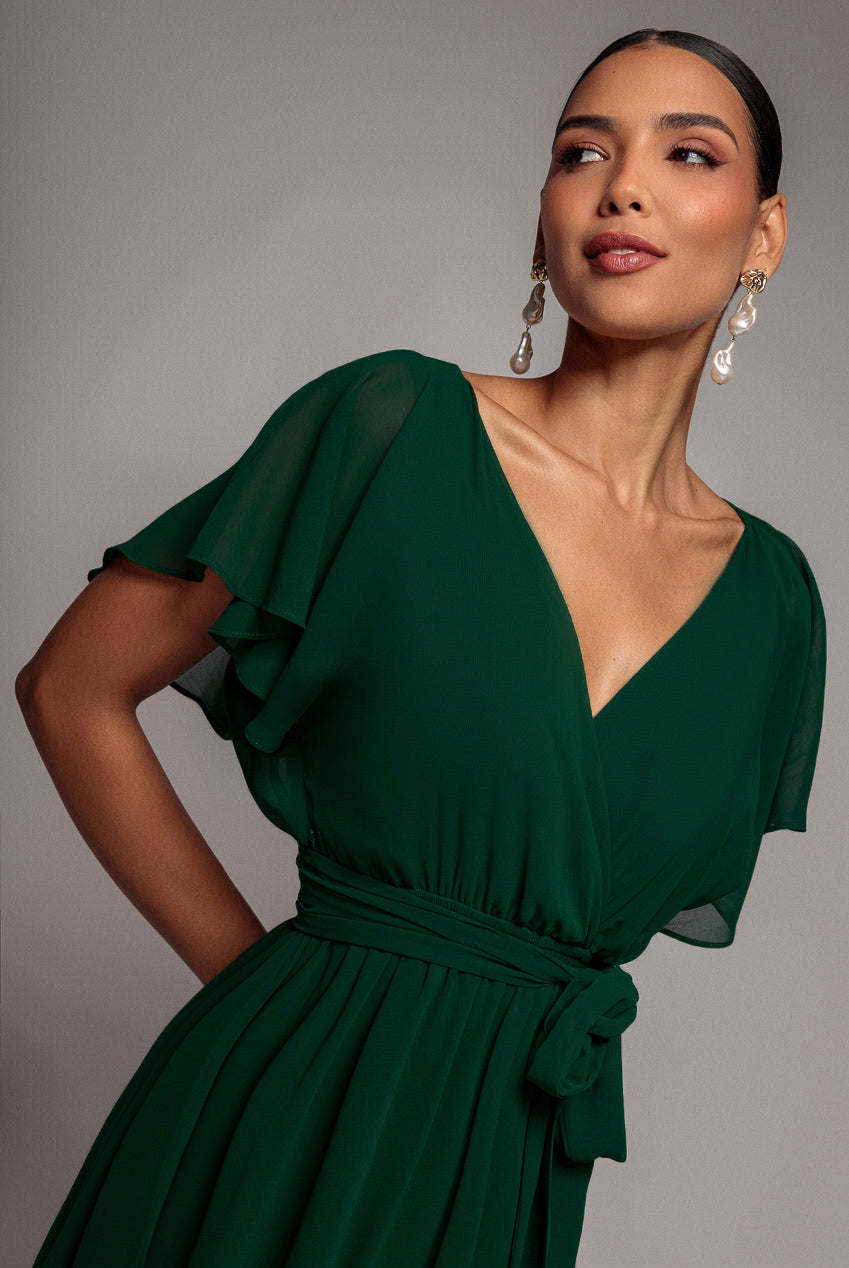 Chiffon Flutter Sleeve Wrap Midi Dress - Dark Green DR2555B