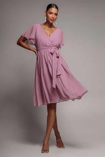 Lavender - Sustainable Flutter Sleeve Chiffon Wrap Midi Dress - Lavender by Goddiva