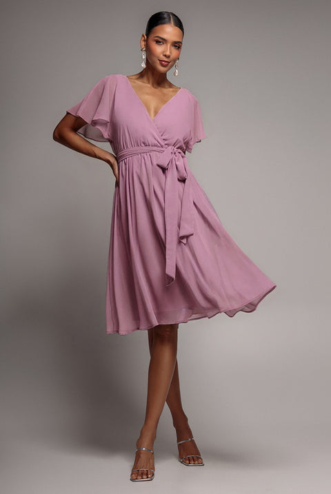 Sustainable Flutter Sleeve Chiffon Wrap Midi Dress - Lavender by Goddiva