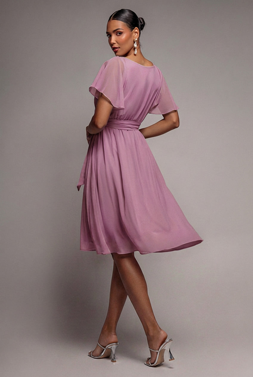 Sustainable Flutter Sleeve Chiffon Wrap Midi Dress - Lavender DR2555BBS