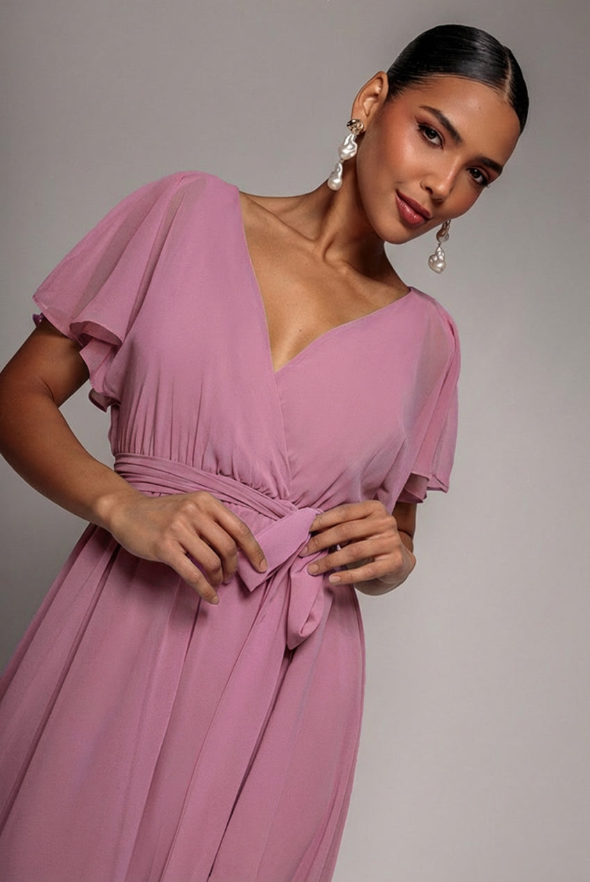 Sustainable Flutter Sleeve Chiffon Wrap Midi Dress - Lavender DR2555BBS