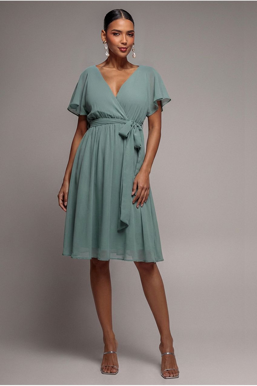 Sustainable Flutter Sleeve Chiffon Wrap Midi Dress - Sage Green DR2555BBS