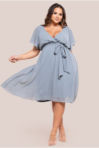 Flutter Sleeve Wrap Midi Dress - Blue by Goddiva Plus