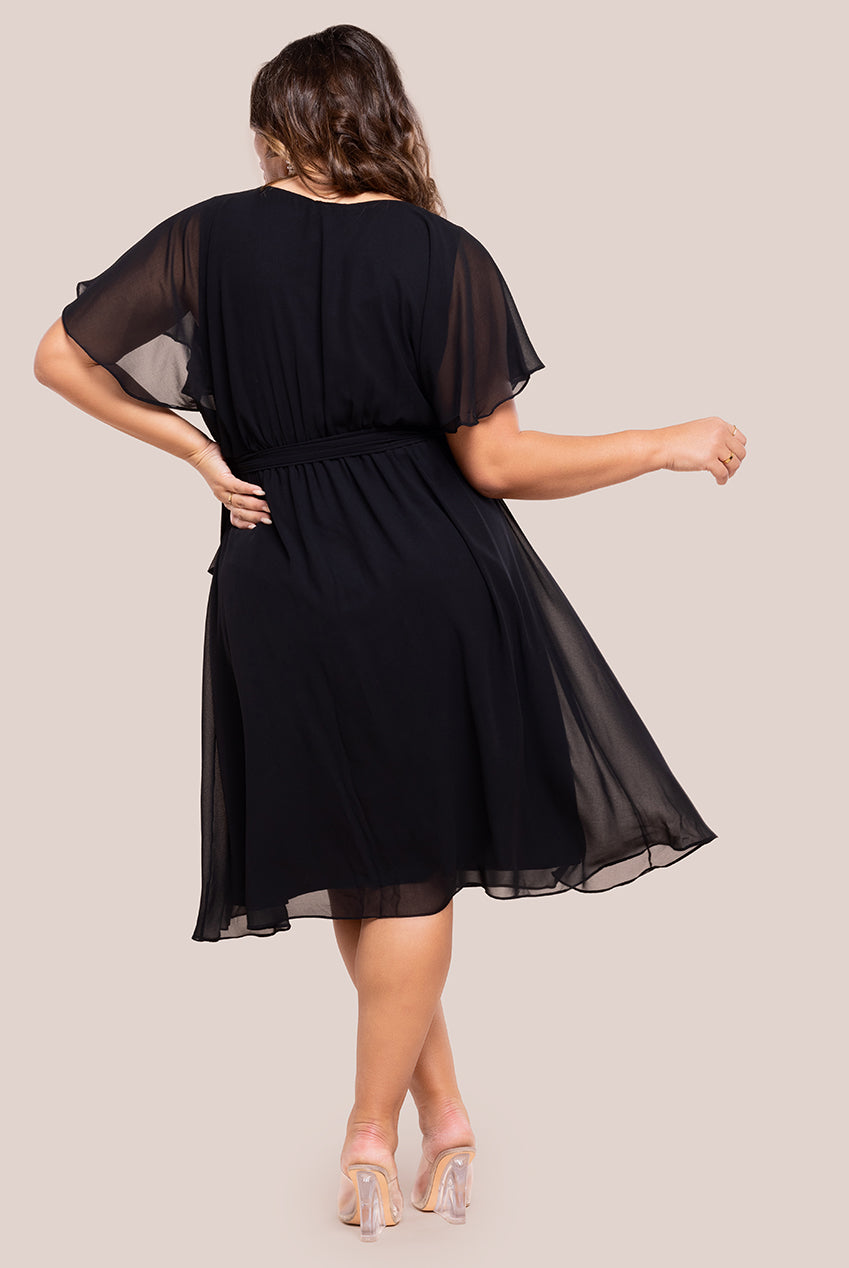 Flutter Sleeve Wrap Midi Dress - Black DR2555P