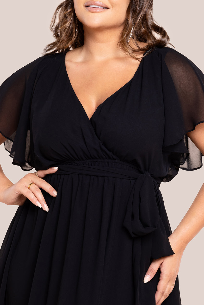 Flutter Sleeve Wrap Midi Dress - Black DR2555P