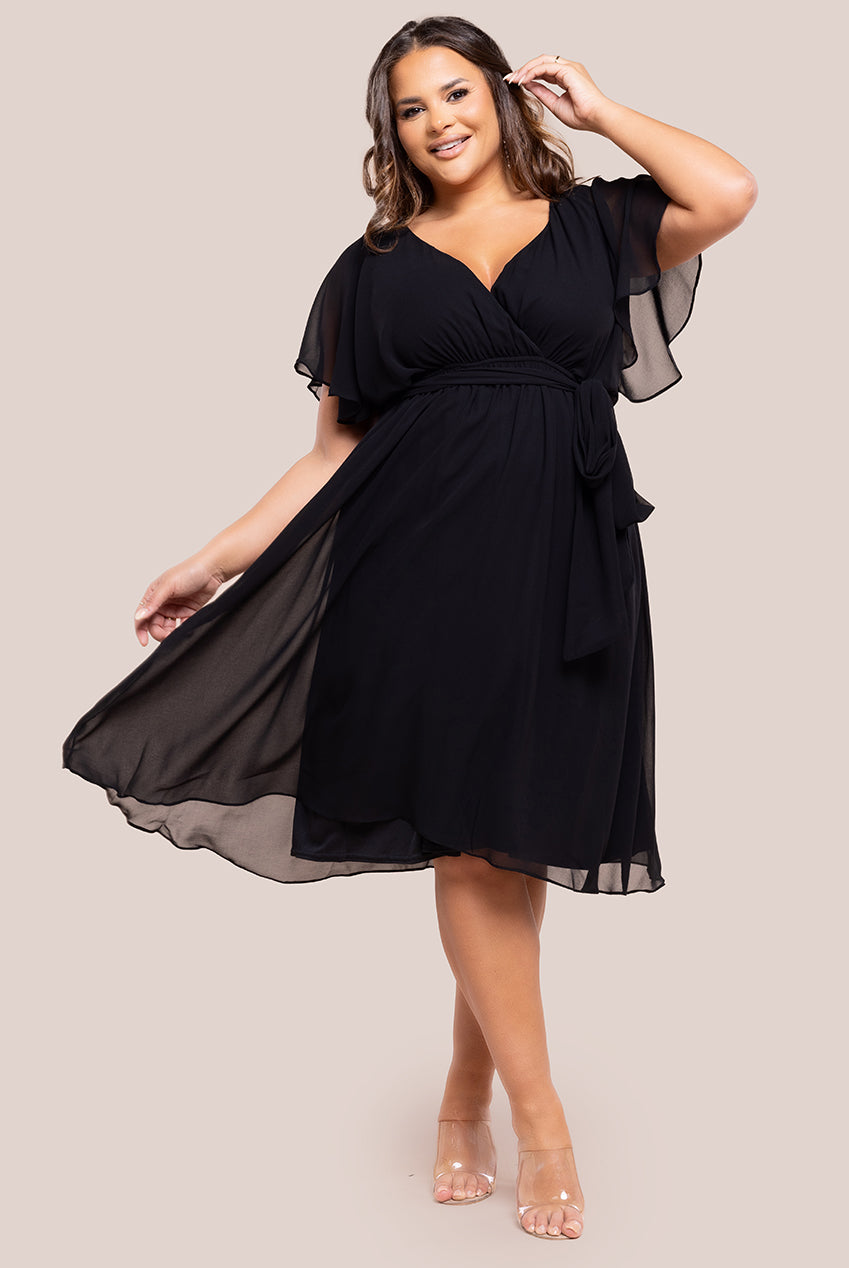 Flutter Sleeve Wrap Midi Dress - Black DR2555P