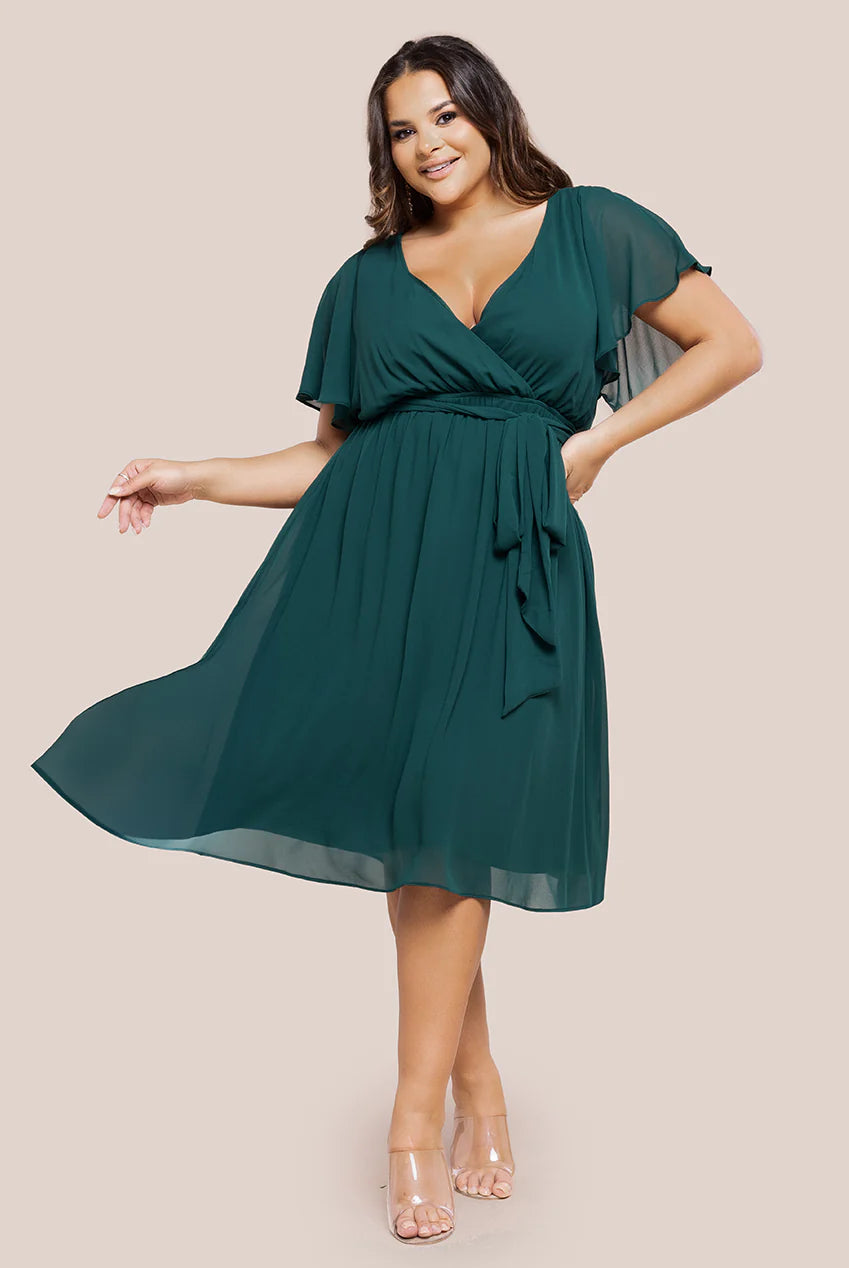 Flutter Sleeve Wrap Midi Dress - Emerald Green DR2555P