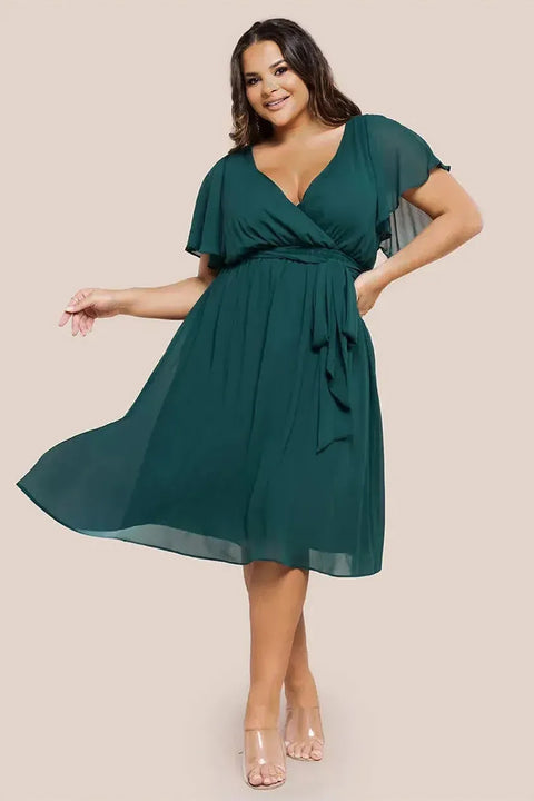 Flutter Sleeve Wrap Midi Dress - Emerald Green by Goddiva Plus