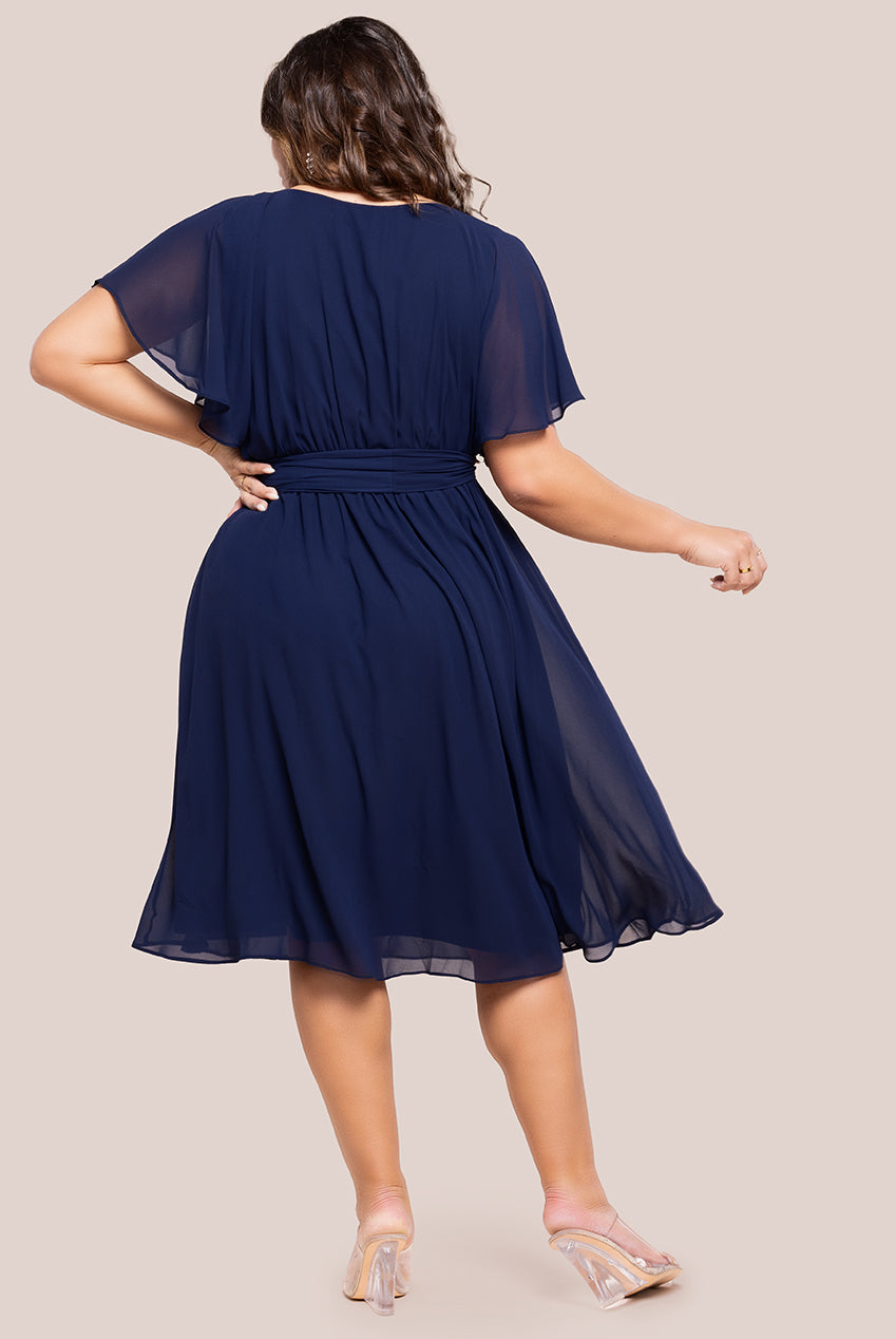 Flutter Sleeve Wrap Midi Dress - Navy Blue DR2555P