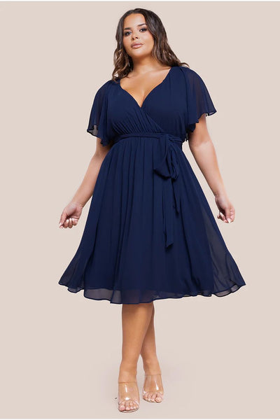 Flutter Sleeve Wrap Midi Dress - Navy Blue by Goddiva Plus